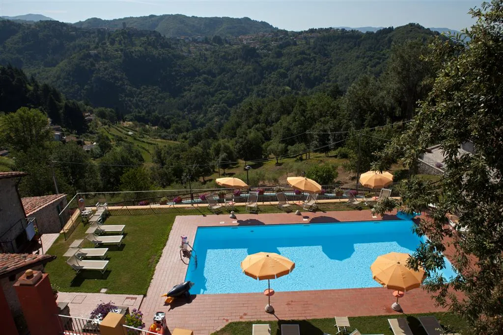 La piscina vista dall’alto, tra prato e bosco